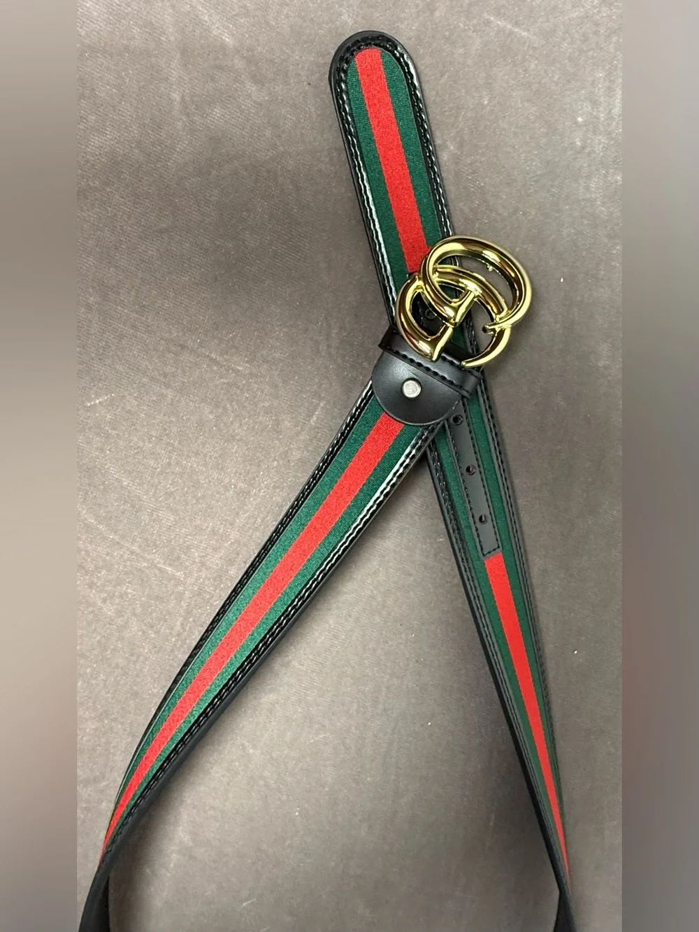 Designer Green and Red Web Belt Gold tone Double G Buckle unisex New 50/125 - Picture 3 of 6